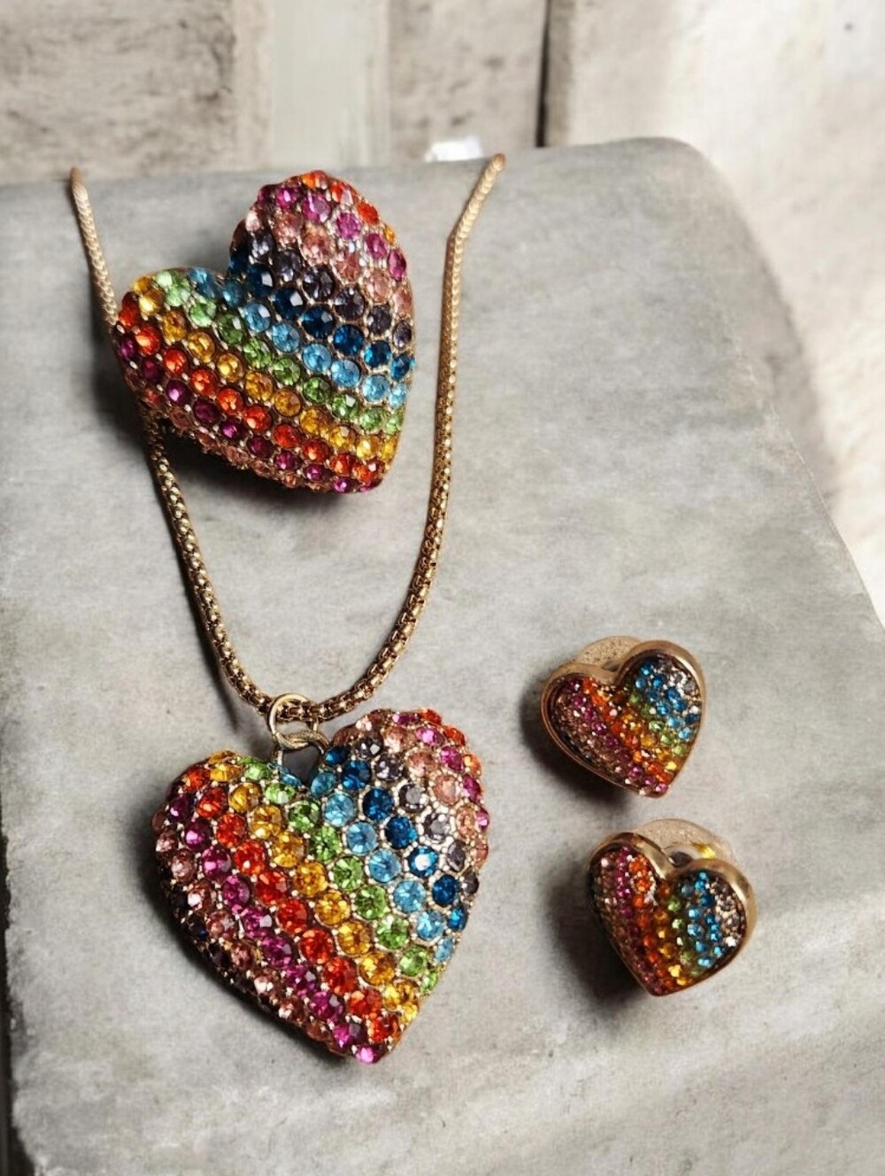 Rainbow Crystal Heart Necklace & Earrings Set -plus Ring, Multicolor■ No Offers